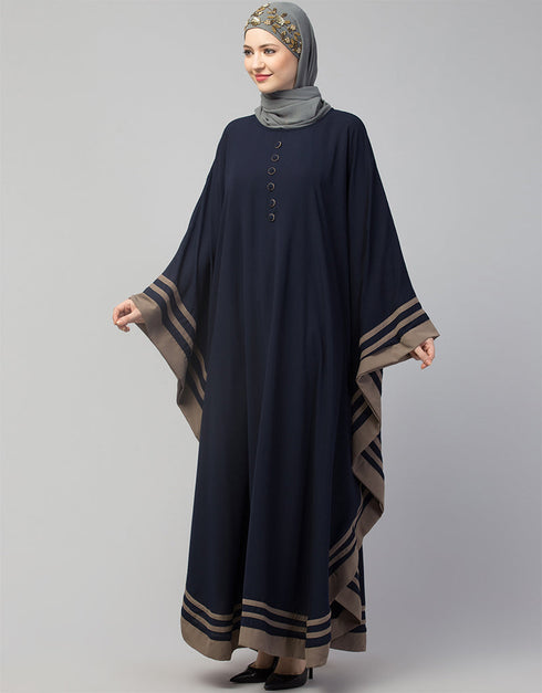 Muslim Free Size Kaftan With Contrast Banding In The Color  Navy Blue